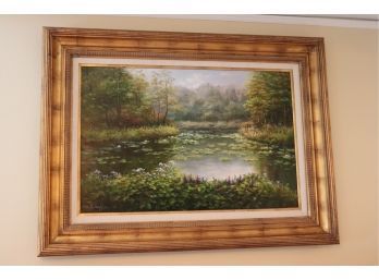 Beautiful Lilly Pond Painting Signed By Artist John Kuhu In A Quality Antiqued Finish Frame