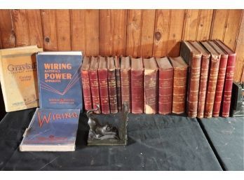 Vintage Leather-Bound Books, Ge Supply Corp, Vintage Wiring Manual Includes & Curious Cat Bookends