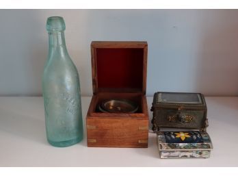 Vintage Blue Glass Bottle John Wolfert, Small Trinket Box With Shell Accent & Vintage Compass In A  Box