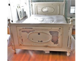 Rustic Queen Size Bed Frame, Embossed Painted Tin Accent Includes Tempurpedic Mattress