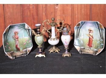 Beautiful Antique Portrait Plates, Pretty Hand Painted Vases, One A Has A Stone Center, Stone Center With
