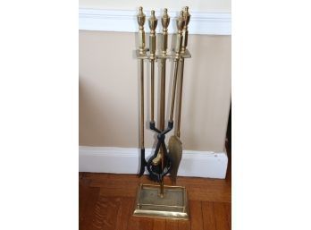Set Of Quality Brass Finished Fireplace Tools With A Stand