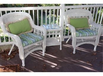 Pair Of Outdoor Faux Wicker Chairs With Side Table & Cushions, Very Good Condition