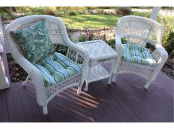 Outdoor Paradise Pair Of Outdoor Faux Wicker Chairs With Side Table! And Cushions