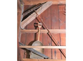 Vintage Farm Tools Includes Wood Shovel, Large Rake & Yolk