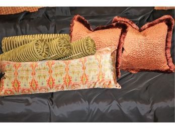 Collection Of Decorative Pillows Includes 4 Green Bolsters & Square Pillows With Fringes