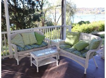 2 Outdoor Faux Wicker Loveseats With End Table And Small Cocktail Table, With Cushions And Pillows By Bal