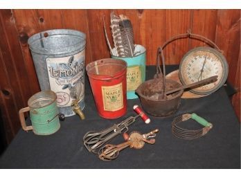 Vintage Collection- Cast Iron Pot, Chatillon Scale Ny, Lemonade Decor With Spout, Syrup Cans, Bromwell's Sifte