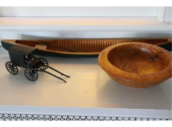 Jim Robbie Woodworker Signed Bowl, Long Handmade Wooden Canoe Decor & Metal Wagon Toy