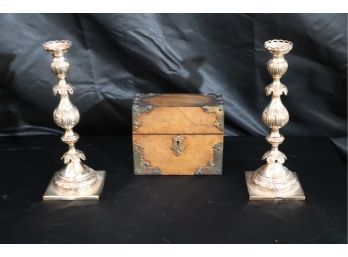 Pair Of/Russian Silver Embossed Candlesticks Stamped Ja Goldman 1880/84 With Hallmark Vintage & Wood Box