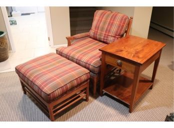 Wood Chair With Cushions, Ottoman & Side Table