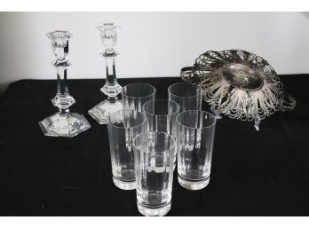 Set Of 6 Baccarat Water Glasses, Pair Of Baccarat Crystal Candlesticks, Includes Pierced/Engraved Serving D