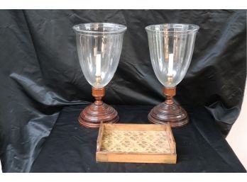 Pair Of Tall Wood/Glass Hurricane Candle Holders & Wood Serving Tray