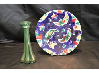 Pretty Signed Abstract Moon & Star Painted Plate By R. Kerduden Made In France With Signed Art Glass Vase
