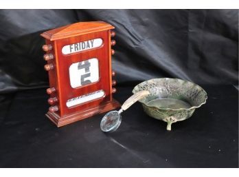 Vintage Wood Rolling Calendar Box, Scrimshaw Magnifying Glass & Embossed Metal Bowl