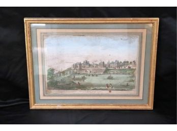 'Vue De Neuilly Du Cote Du Couchant' Antique Hand Colored French Engraving In A Matted Frame