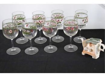 8 Portmeirion Floral Wine Glasses & Small Tea Kettle Decor