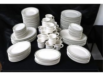 Large Collection Of White With Green Stripe Restaurant Ware