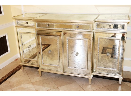 Large Mirrored Sideboard/Console With An Antiqued Finish Look On The Glass