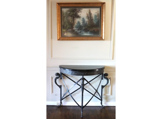 Neoclassical Marble/Metal Demilune Console With Greek Key Pattern Mythical Lion & Claw Feet, Print Included