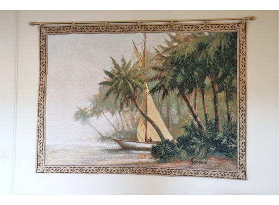 Large Tapestry Sailboat Scene Signed By Artist Fron Ckowiak With Rod Appx 68 Inches X 48 Inches