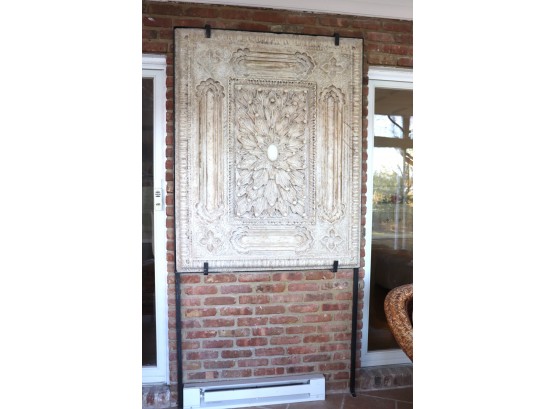 Amazing Large Carved Marble Stone Plaque With Floral Center On A Metal Stand Appx 47 Inches X 58 Inches