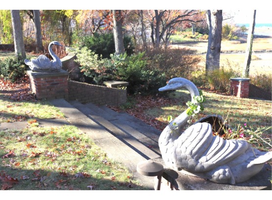 Pair Of Large Quality Heavy Resin Swan Planters