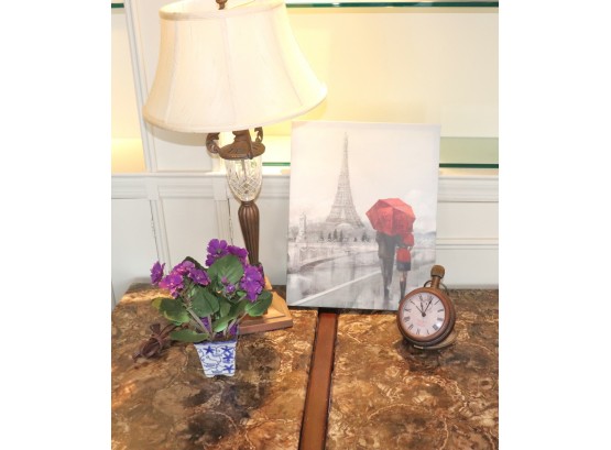 French Lovers In Paris Print, Twos Company Thomas & Ross Clock And Table Lamp