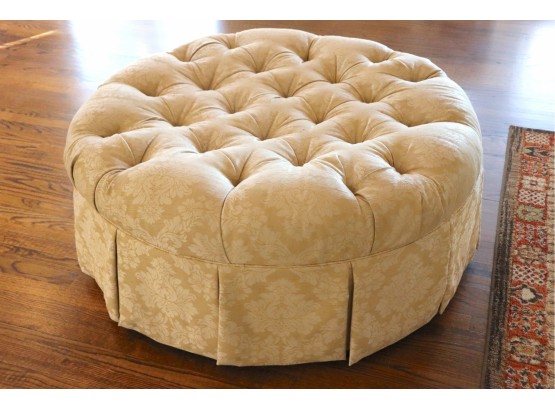 Large Tufted Thomasville Ottoman Poof In A Cream-Colored Damask Upholstery With French Pleats