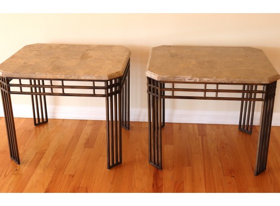 Pair Of Quality Side Tables With Stone Top & Metal Base