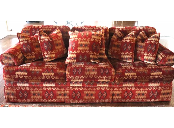 Henredon Custom Upholstered Sofa Multicolored Deep Rich Maroon Tones & Vibrant Pattern