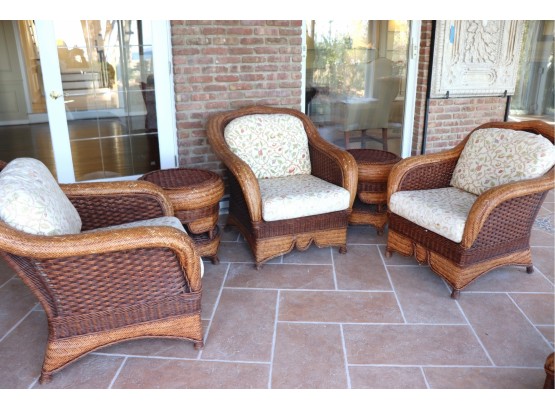 Set Of 3 Dark Woven Rattan/Wicker Club Chairs With 2 Round Side Tables & Cushions