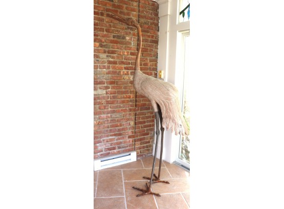 Oversized Hand Carved Wood Crane On Metal Legs Amazing Detail Throughout Appx 60 Inches X 84 Inches
