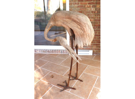 Oversized Hand Carved Wood Crane On Metal Legs Amazing Detail Throughout Appx 32 Inches X 52 Inches