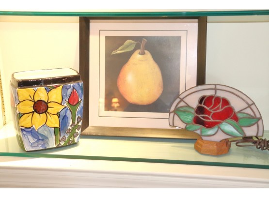 Pretty Pear Print In Frame By Kim Lewis, Painted Floral Planter & Small Slag Glass Rose Lamp