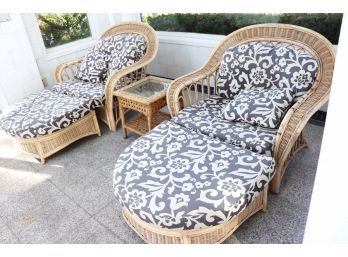 3-Piece Bamboo Rattan Arm Chairs With Ottoman & Cushions