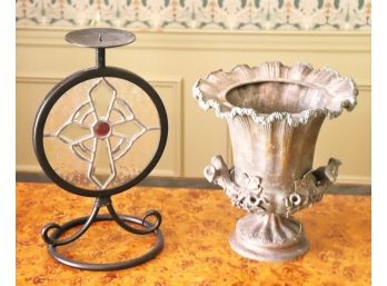 Slag Glass Candle Pillar With Wrought Iron Base & Heavy Iron Planter With Embossed Detail