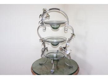 Beautiful High Quality Wrought Iron 3 Tier Serving Tray With Floral Glass Detail
