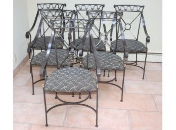 Set Of 6 Heavy Wrought Iron Dining Chairs With Armrest & Brass Detail On The Edge Of The Seat