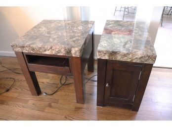 Set Of Square Faux Stone End Tables With Storage & Charging Station By Ashley Furniture