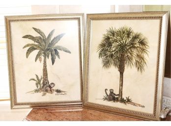 Pair Of Framed Monkey Palm Tree Prints Signed By Artist Dianne Krumel