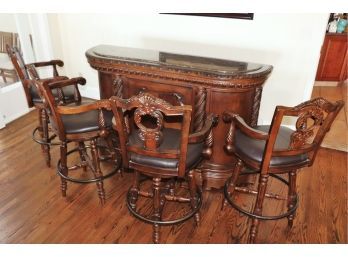 Quality Carved Wood Bar & Swivel Stool Set - Amazing Detail, Carved Apron, Marble Stone Top