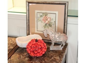 Small Floral Print, Ceramic Tang Horse, Decorative Floral Piece & Large Seychelles Coral Bowl