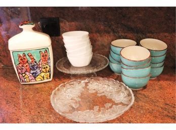 Collection Of Porcelain Serving Bowls, Etched Glass Pedestal Dish & Large Frosted Glass Serving Platter