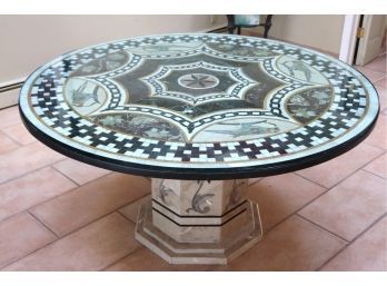 Beautiful 60 Inch Handcra Stone Inlay Table With Semi Precious Stones, Onyx, Carnelian & More, Thick Glass Top