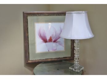 Pretty Lucite Table Lamp With Silk Shade & Wild Orchid Print