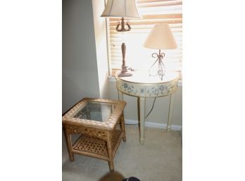 Small Demilune Accent Table With Floral Stencil Pattern, Table Lamps & Small Rattan End Table