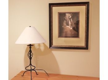 Framed City Cobblestone Street Photograph & Wrought Iron Table Lamp