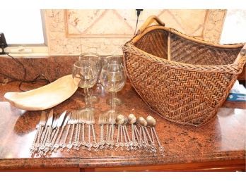 Collection Of Assorted Spiral Flatware, Includes Large Basket & Wine Glasses, Assorted Pieces