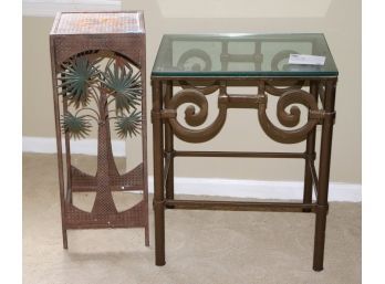 Heavy Wrought Iron Side Table With A Thick Glass Top & Metal Plant Pedestal With Palm Tree